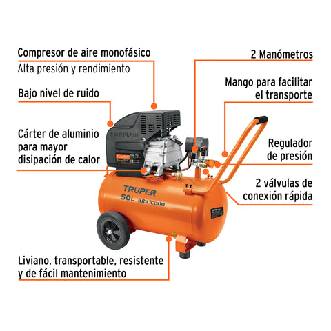 Kit Compresor lub, 50L, manguera y pistola grav,127V, TRUPER | COMP-KIT50 | 16095