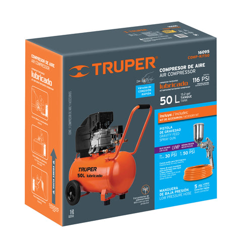 Kit Compresor lub, 50L, manguera y pistola grav,127V, TRUPER | COMP-KIT50 | 16095