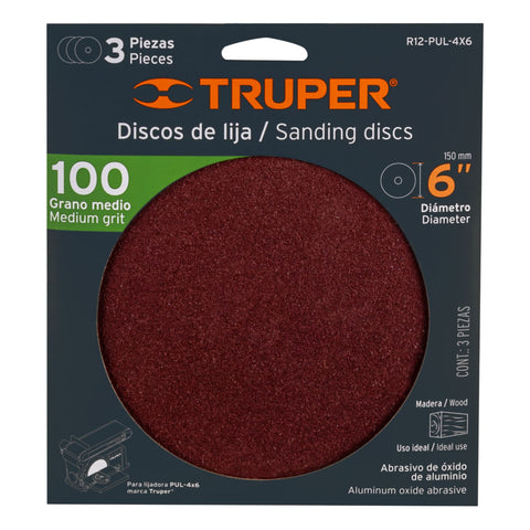 Paquete c/3 discos de lija 6' grano 100, para PUL-4X6T | R12-PUL-4X6 | 16148