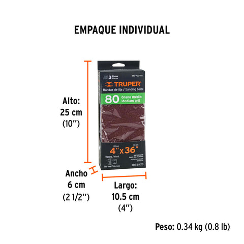 Caja con 3 bandas de lija 4' x 36' grano 80 para PUL 4x6 | B80-PUL-4X6 | 16171