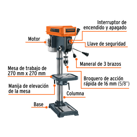 Taladro de piso 13', 3/4 HP (560 W), broquero 5/8', Truper | TAPI-13 | 16178