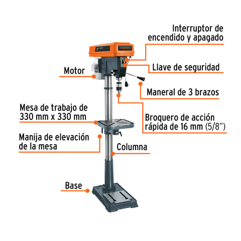 Taladro de piso 17', 1-1/2 HP (1200 W), broquero 5/8',Truper | TAPI-17 | 16182