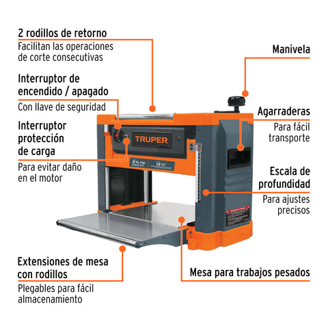 Cepillo portátil 12-1/2', 2-1/4 HP (1600 W), Truper | CEP-12 | 16240