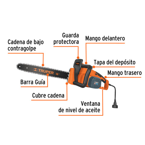 Motosierra eléctrica 1600 W con barra de 18', Truper | MOTE-18 | 16295