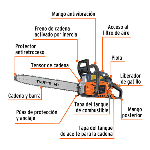Motosierra 38 cc a gasolina con barra de 16', Truper | MOT-3816 | 16296