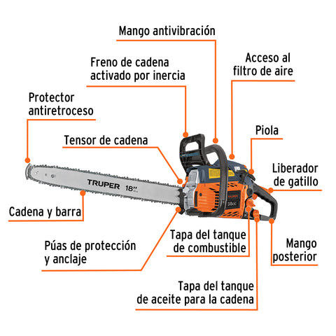 Motosierra 38 cc a gasolina con barra de 18', Truper | MOT-3818 | 16297