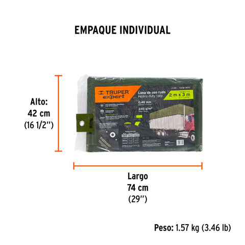 Lona uso rudo 2 x 3 m, verde olivo, 240 g/m2, TRUPER EXPERT | LT-23X | 16373