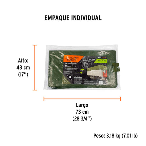 Lona uso rudo 3 x 4 m, verde olivo, 240 g/m2, TRUPER EXPERT | LT-34X | 16374