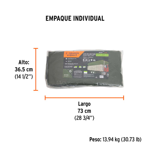 Lona uso rudo 6 x 9 m, verde olivo, 240 g/m2, TRUPER EXPERT | LT-69X | 16378