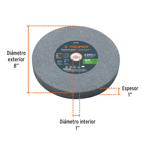 Rueda abrasiva p/esmeril 8'x25mm, óxido aluminio, grano 60 | PIES-8160 | 16412