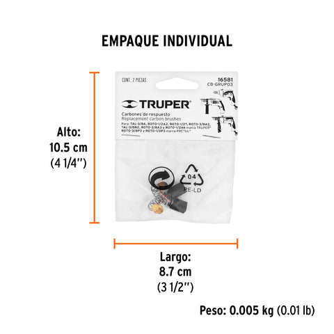 Bolsa con 2 carbones p/rotomartillos y taladro Grupo3,TRUPER | CB-GRUPO3 | 16581
