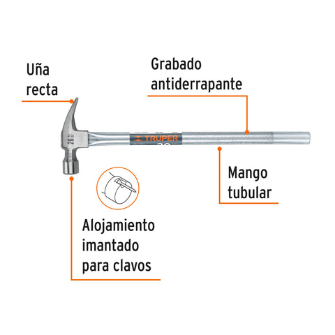 Martillo tubular pulido 20 oz alojamiento imantado uña recta | MTR-20X | 16661