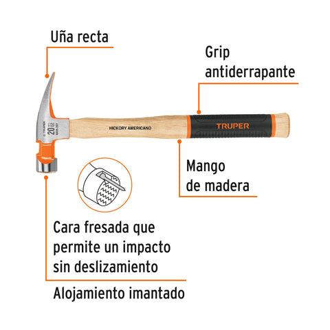Martillo pulido 20 oz uña recta, boca fresada, Truper Grip | MOR-20F | 16663