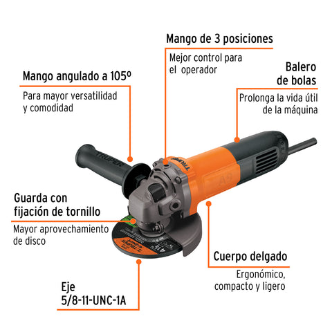 Esmeriladora angular 4-1/2', 800W, TRUPER PRO | ESMA-4-1/2A9 | 16683