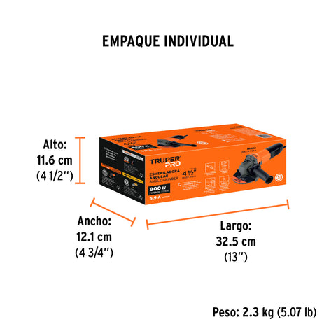 Esmeriladora angular 4-1/2', 800W, TRUPER PRO | ESMA-4-1/2A9 | 16683