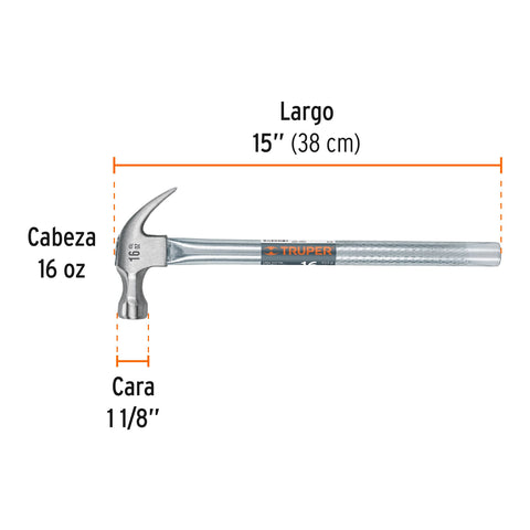 Martillo tubular pulido 16 oz uña curva, Truper | MT-16 | 16701
