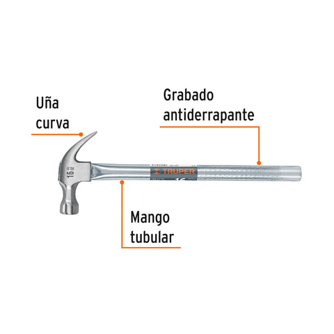 Martillo tubular pulido 16 oz uña curva, Truper | MT-16 | 16701