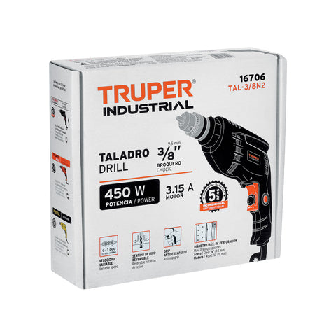 Taladro 3/8', 450W, TRUPER INDUSTRIAL | TAL-3/8N2 | 16706