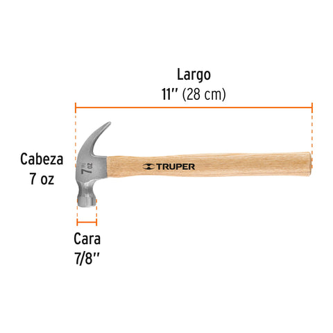 Martillo pulido, 7 oz, uña curva, mango madera, TRUPER | MA-7 | 16750