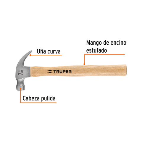 Martillo pulido, 7 oz, uña curva, mango madera, TRUPER | MA-7 | 16750