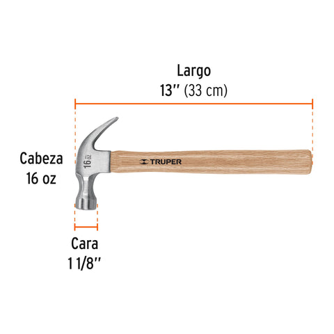 Martillo pulido, 16 oz, uña curva, mango madera, TRUPER | MA-16 | 16752
