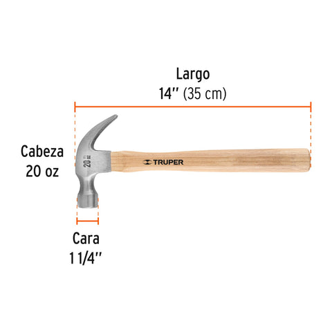 Martillo pulido, 20 oz, uña curva, mango madera, TRUPER | MA-20 | 16753