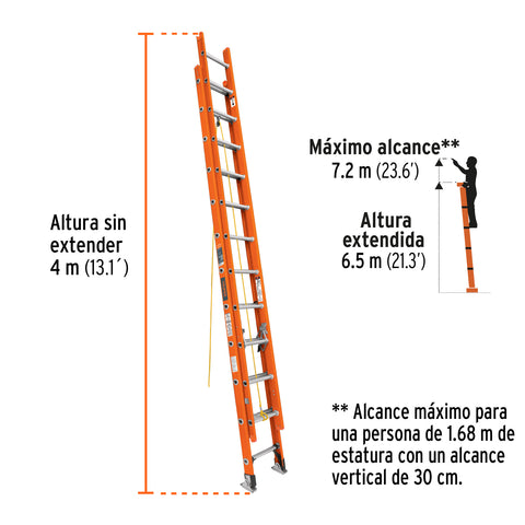 Escalera de extensión, tipo II, 24 peldaños, fibra de vidrio | ESE-224FV | 16757