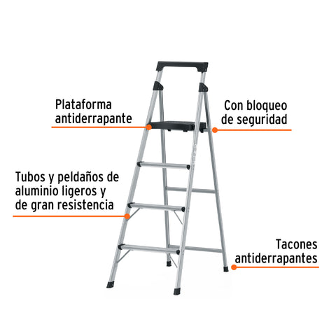 Escalera tubular plegable, 4 peldaños, aluminio, Truper | ESTU-4A | 16765