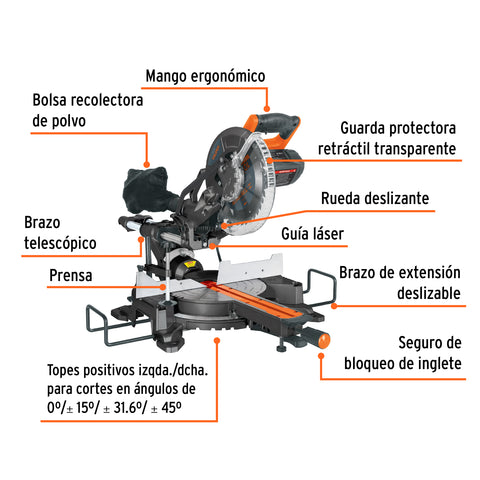 Sierra de inglete 10', 1900W telescópica compuesta, TRUPER | SINCO-10X2 | 16869