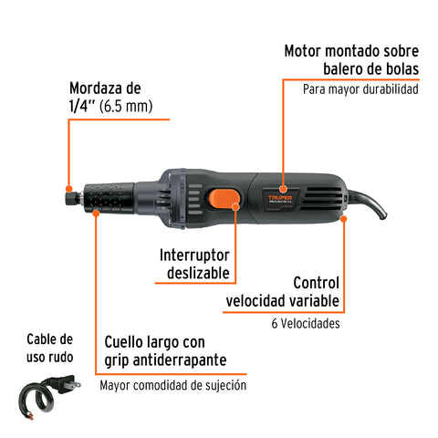 Esmeril recto (rectificador) 1/4' 600W, TRUPER INDUSTRIAL | ESRE-1/4N | 16871