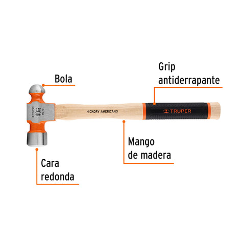 Martillo pulido de bola 40 oz mango hickory, Truper Grip | MB-40 | 16905