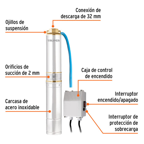 Bomba sumergible tipo bala, 1/2HP, uso agrícola, TRUPER | BOS-1/2LM2 | 16933