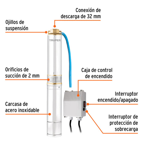 Bomba sumergible tipo bala, 3/4HP, uso agrícola, TRUPER | BOS-3/4LM2 | 16934