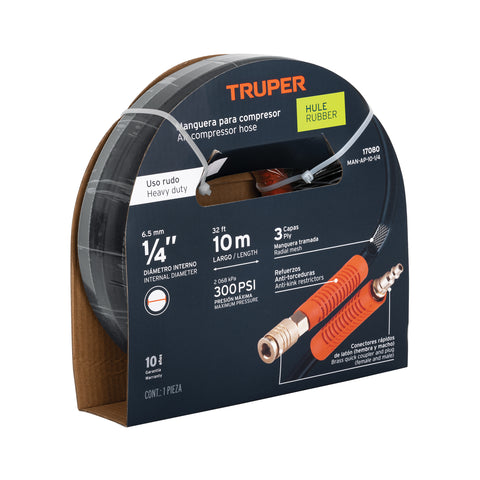 Manguera para compresor, de hule, 10m x 1/4', Truper | MAN-AP-10-1/4 | 17080
