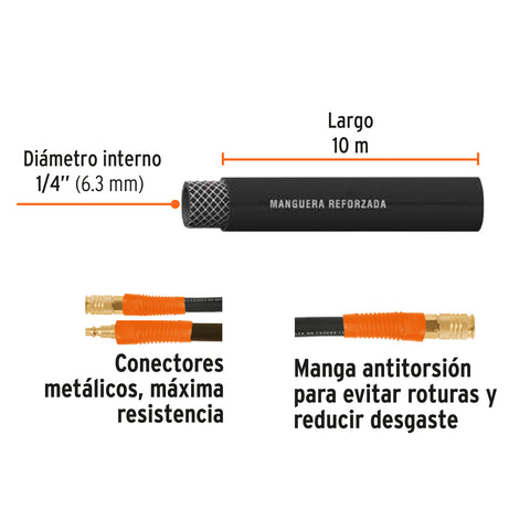 Manguera para compresor, de hule, 10m x 1/4', Truper | MAN-AP-10-1/4 | 17080