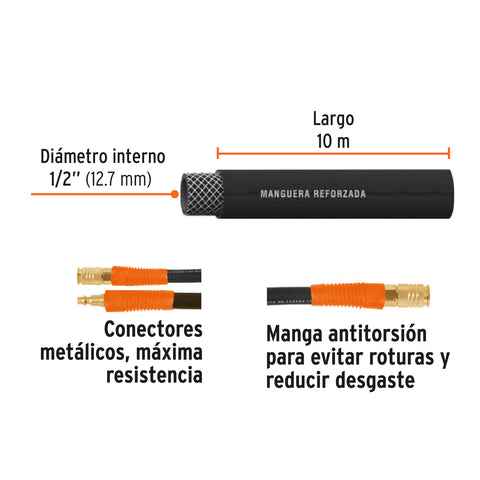 Manguera para compresor, de hule, 10m x 1/2', Truper | MAN-AP-10-1/2 | 17085