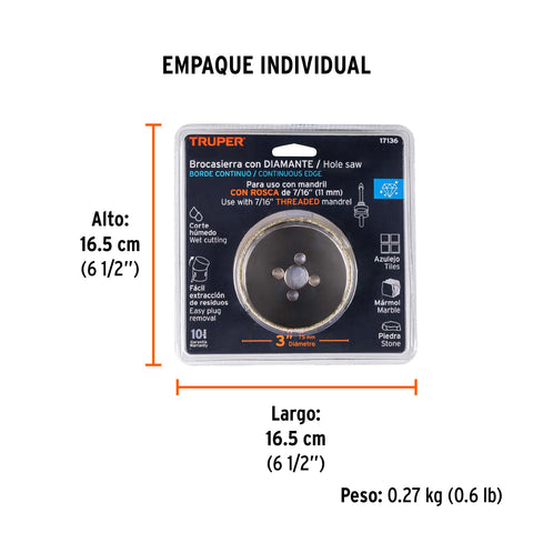 Brocasierra diamante 3' borde continuo, Truper | COAZ-3 | 17136