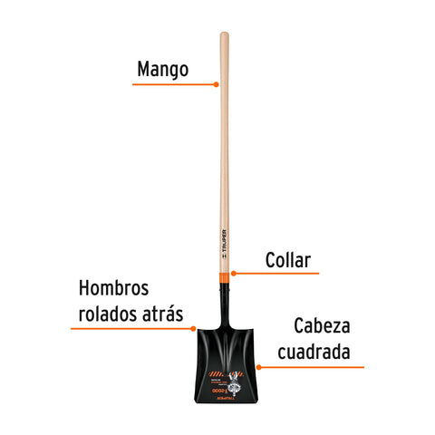 Pala cuadrada T-2000, mango largo 45', Truper | PCL-P | 17176