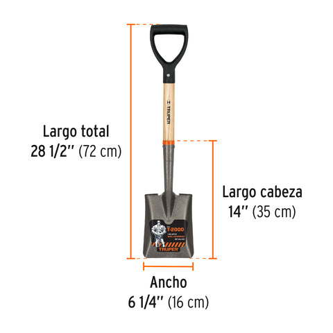 Pala cajuelera cuadrada, puño 'D' mango de madera, Truper | TR-BYC | 17194