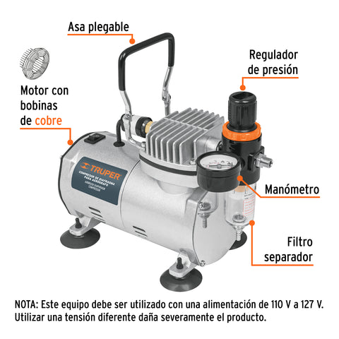 Compresor libre de aceite, para aerografo,1/5HP,127V, TRUPER | COMP-AERO | 17247