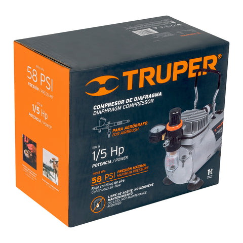 Compresor libre de aceite, para aerografo,1/5HP,127V, TRUPER | COMP-AERO | 17247