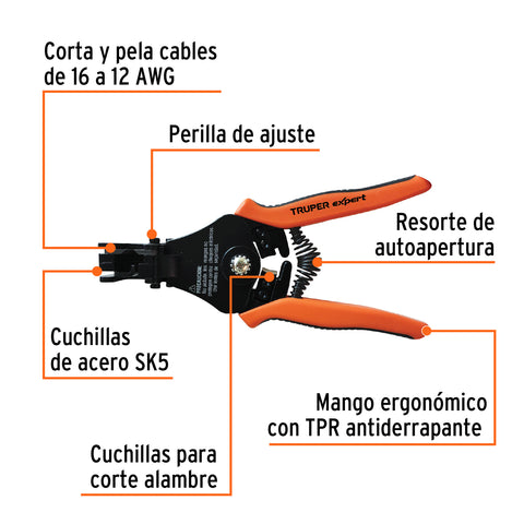 Pinza 6' pela cables automática, 16 a 12 AWG, TRUPER EXPERT | PE-CA-X | 17376