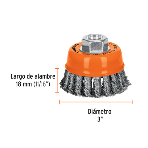 Carda copa 3' alambre trenzado grueso, eje 5/8'-11, Truper | CT-608X | 17529