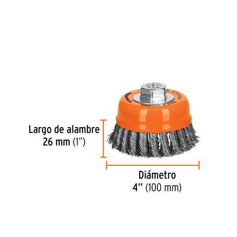 Carda copa 4' alambre trenzado grueso, eje 5/8'-11, Truper | CT-610X | 17531