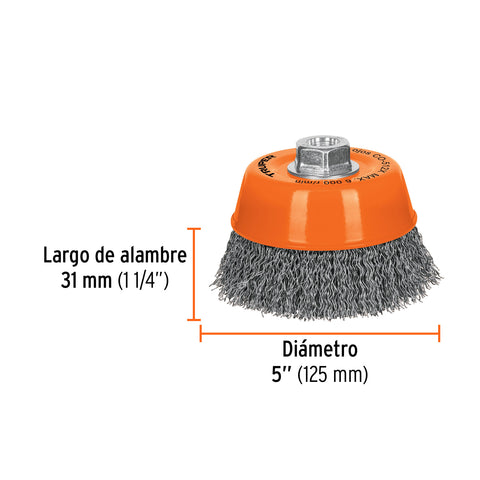 Carda copa 5' alambre ondulado grueso, eje 5/8'-11, Truper | CO-512X | 17533