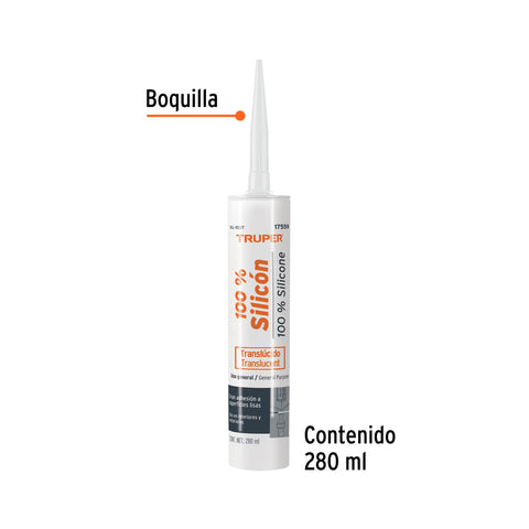 Sellador transparente 100% silicón de 280 ml, Truper | SIL-100T | 17559