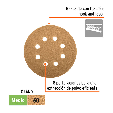 Paquete c/5 discos de lija 5' grano 60, 8 perforaciones | DIRO-56 | 17848