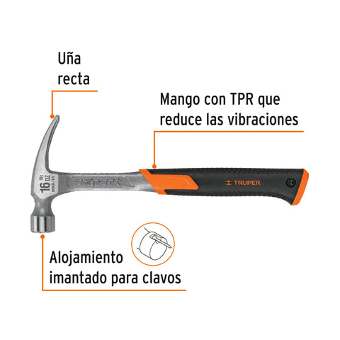Martillo forjado 16 oz uña recta, mango con neopreno, Expert | MXR-16 | 17857