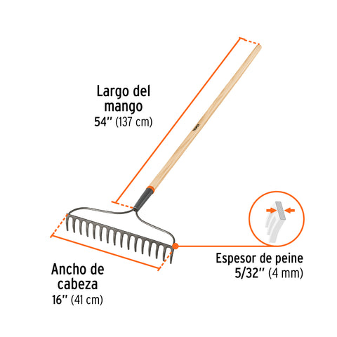 Rastrillo jardinero Classic, 16 dientes, mango 54', Truper | R-16AM | 17882