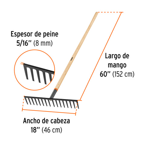 Rastrillo recto reforzado, 16 dientes, mango de 60', Truper | R-16MX | 17888